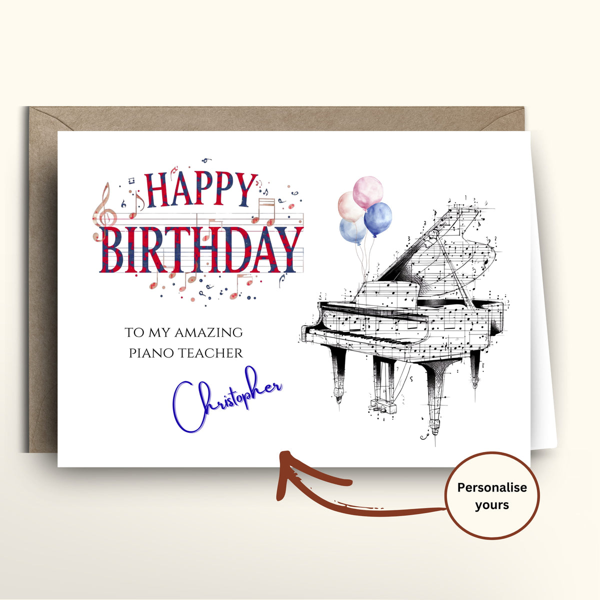 Birthday card for an amazing piano teacher with a piano illustration and personalized text.
