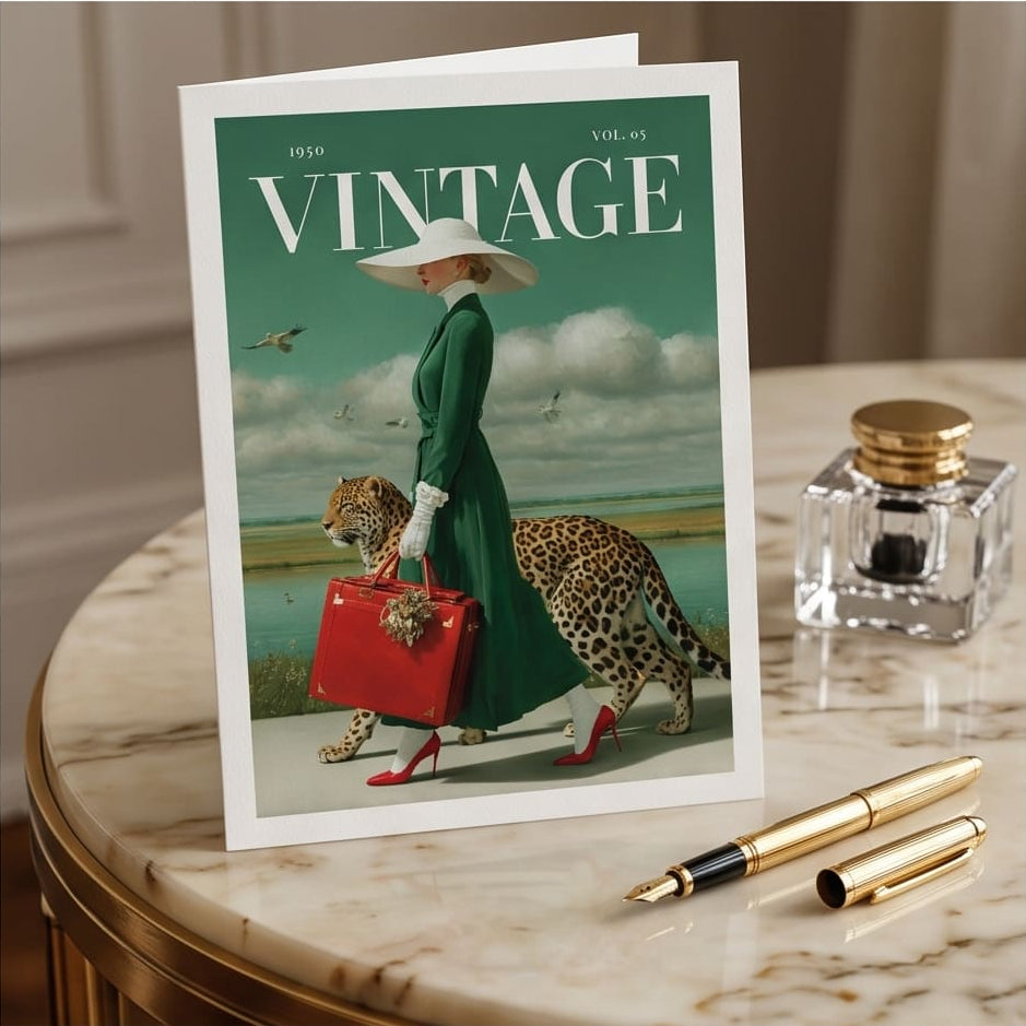 A 2x2 collage showing a vintage-style greeting card mockup set. The card features an illustration of a woman in a green dress and hat carrying a red bag, walking beside a leopard, with the word 'VINTAGE' at the top.