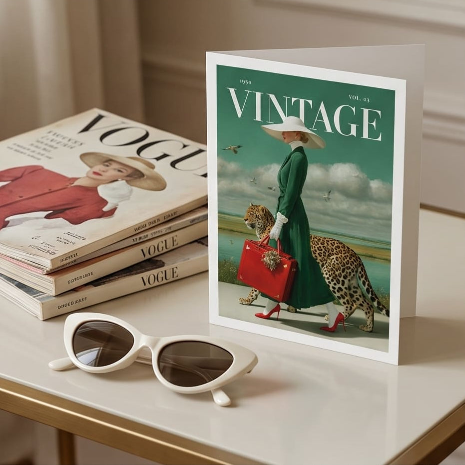 A 2x2 collage showing a vintage-style greeting card mockup set. The card features an illustration of a woman in a green dress and hat carrying a red bag, walking beside a leopard, with the word 'VINTAGE' at the top.