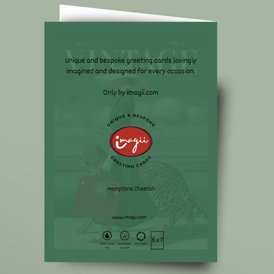 A green greeting card shown standing upright against a muted sage background. The front of the card features a faint cheetah graphic, white descriptive text, and the red oval 'imagii' logo with 'Greeting Cards' beneath it.