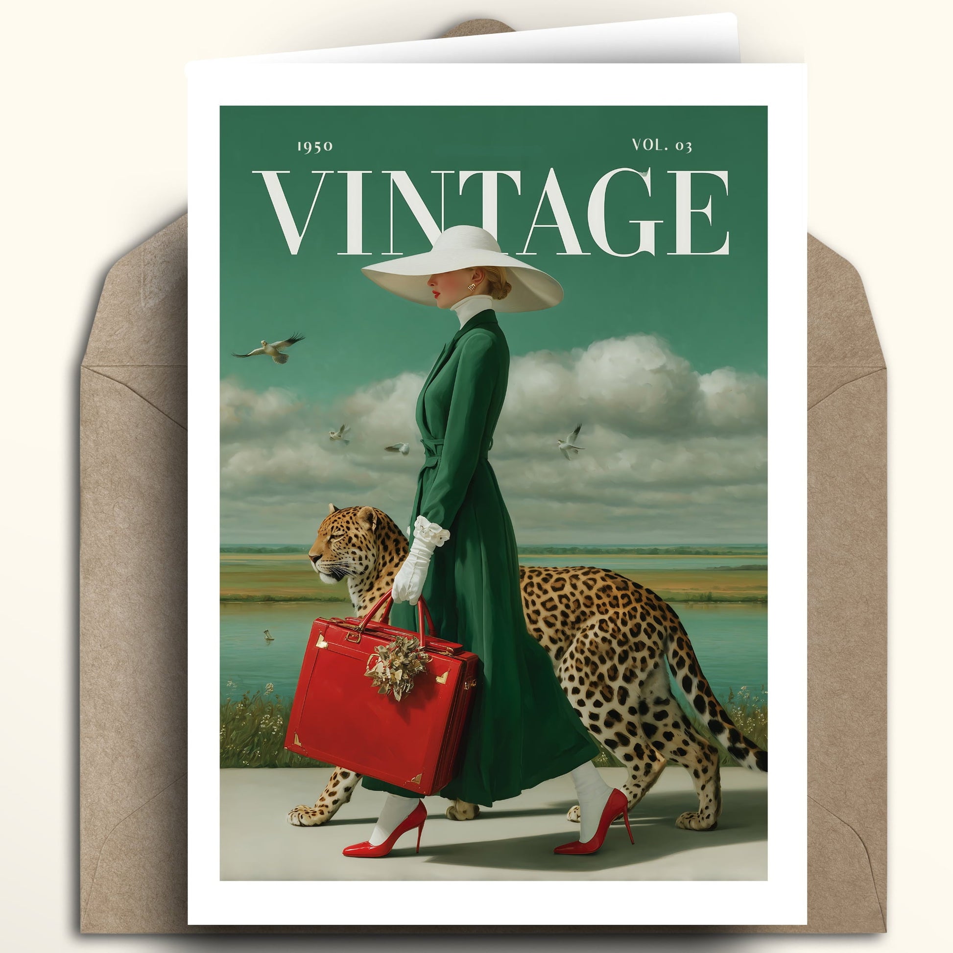 A vintage-style art print card featuring a woman in a green dress and white hat walking with a leopard and red suitcase, styled with a brown envelope behind it on a light beige background.