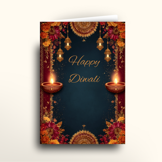 Greeting card with 'Happy Diwali' text, decorative elements, and candles on a dark blue background.