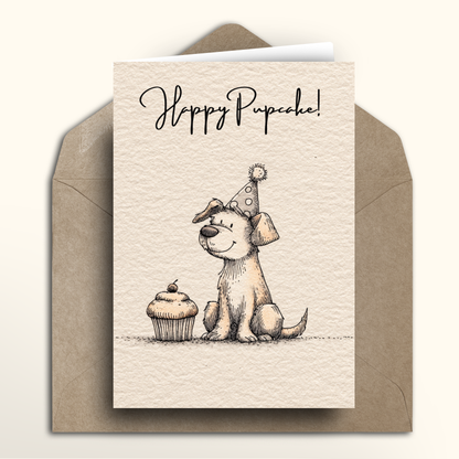 Greeting card with a dog wearing a party hat and a cupcake, with an envelope on a white background.