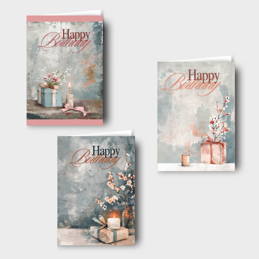 Happy Birthday Gift and Candle in Pastel Cards