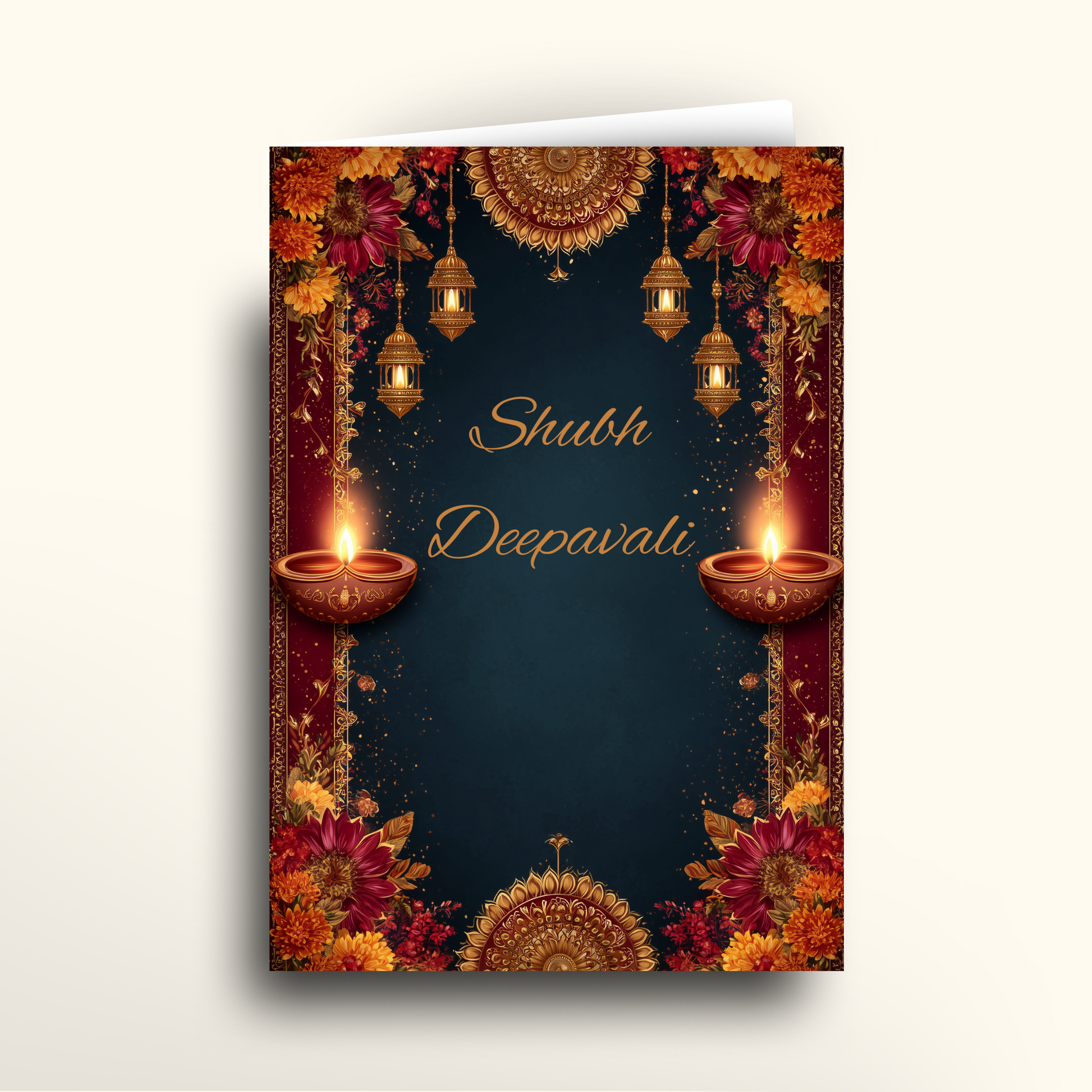 Greeting card with 'Shubh Deepavali' text, candles, and floral design on a dark blue background.