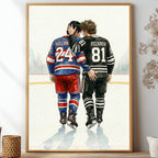 Framed artwork of two hockey players on an ice rink with a decorative plant and home decor items.
