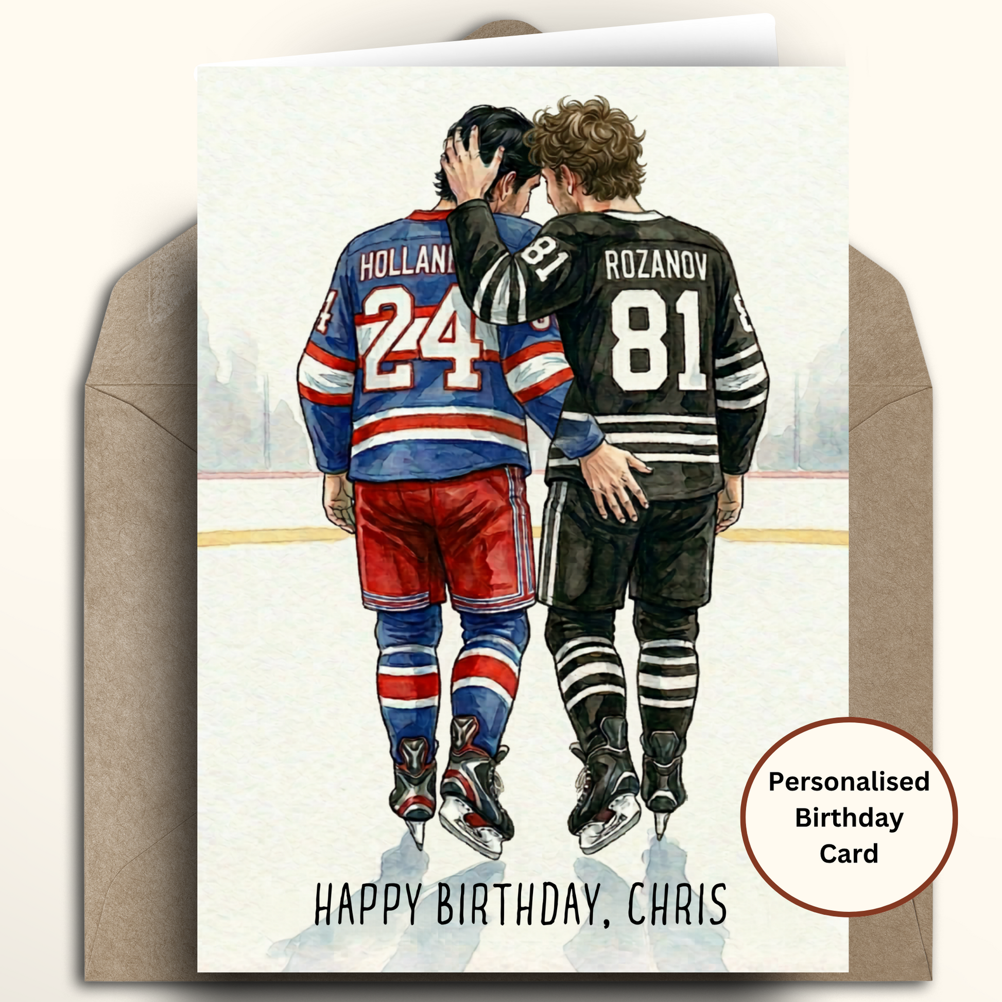 Happy Birthday card with Kraft enveloped featured Heated Rivalry inspired hockey players hugging on the ice, cheeky touch to bum, featuring 24 Shane Hollander and 81 Ilya Rozanov.
