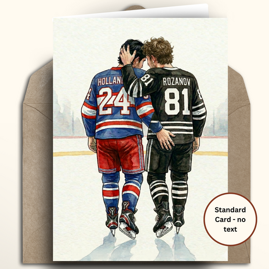 Greeting card with Kraft enveloped featured Heated Rivalry inspired hockey players hugging on the ice, cheeky touch to bum, featuring 24 Shane Hollander and 81 Ilya Rozanov.