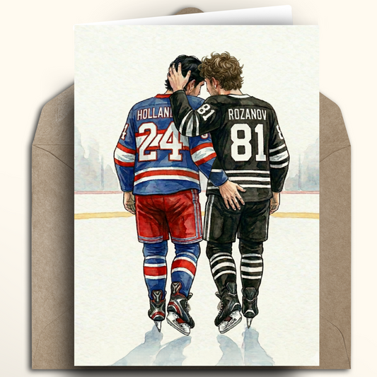 Greeting card with Kraft enveloped featured Heated Rivalry inspired hockey players hugging on the ice, cheeky touch to bum, featuring 24 Shane Hollander and 81 Ilya Rozanov.
