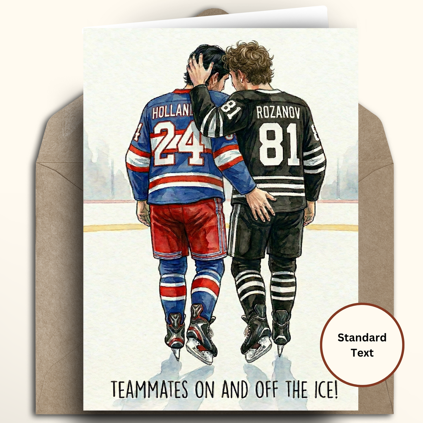 Greeting card with Kraft enveloped featured Heated Rivalry inspired hockey players hugging on the ice, cheeky touch to bum, featuring 24 Shane Hollander and 81 Ilya Rozanov.