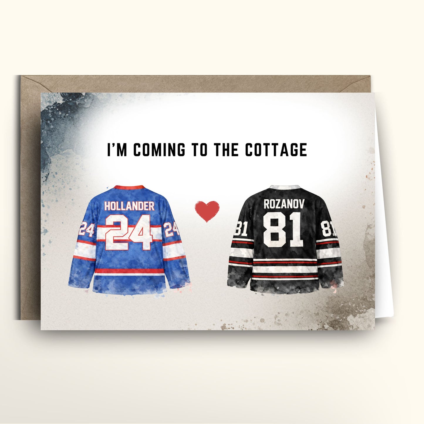 Two hockey jerseys with hollander and rozanov and 24 and 81 respectively on a card with text 'I'm coming to the cottage'.