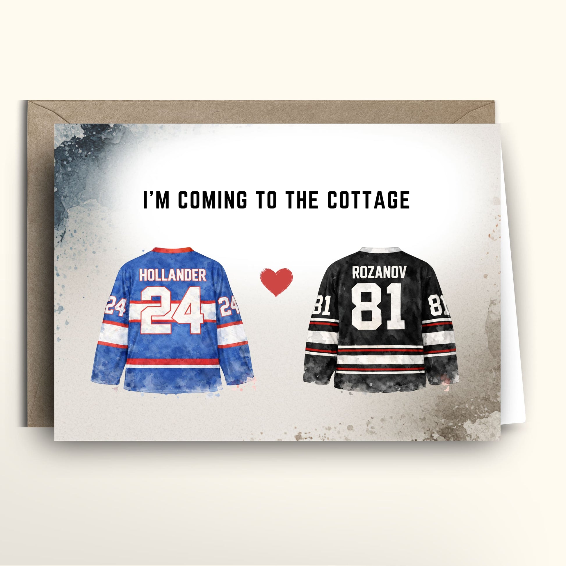 Two hockey jerseys with hollander and rozanov and 24 and 81 respectively on a card with text 'I'm coming to the cottage'.