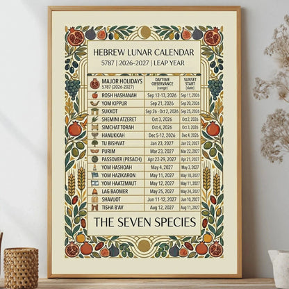 Framed Hebrew lunar calendar with decorative border on a wall.