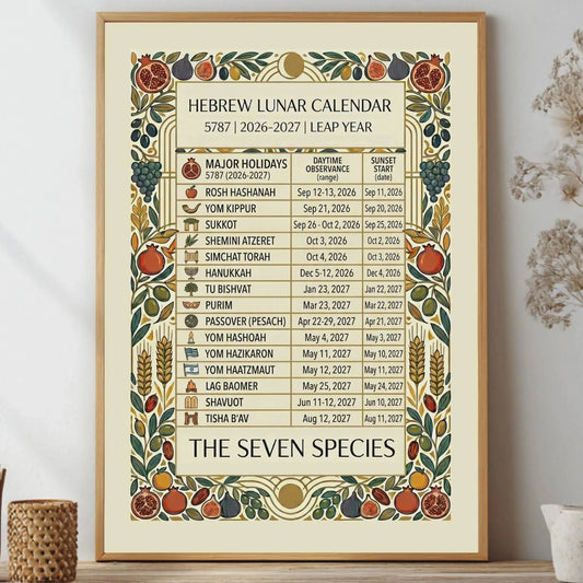 Framed Hebrew lunar calendar with decorative border on a wall.
