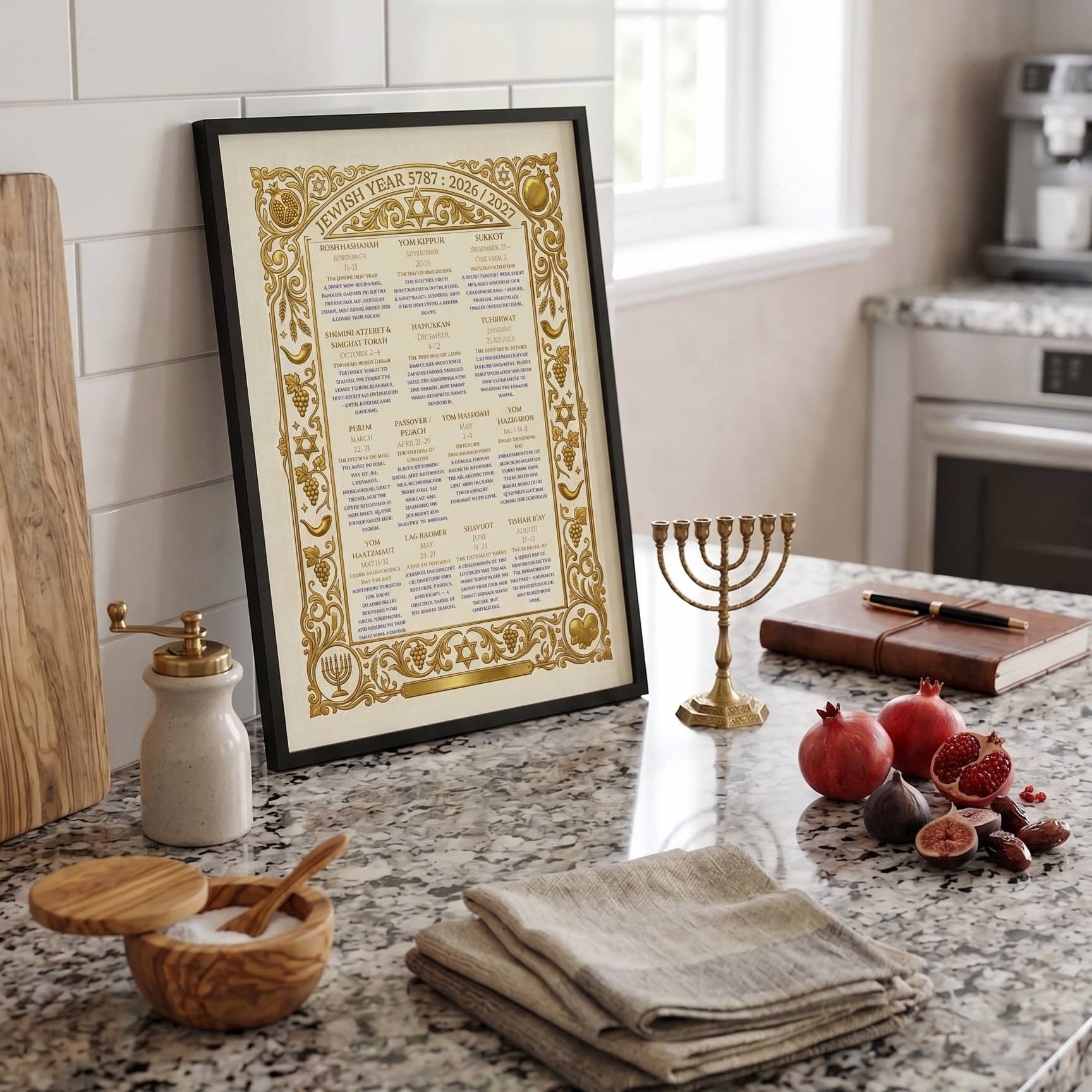 Decorative setup on a kitchen counter with framed text, menorah, pomegranates, and napkins.