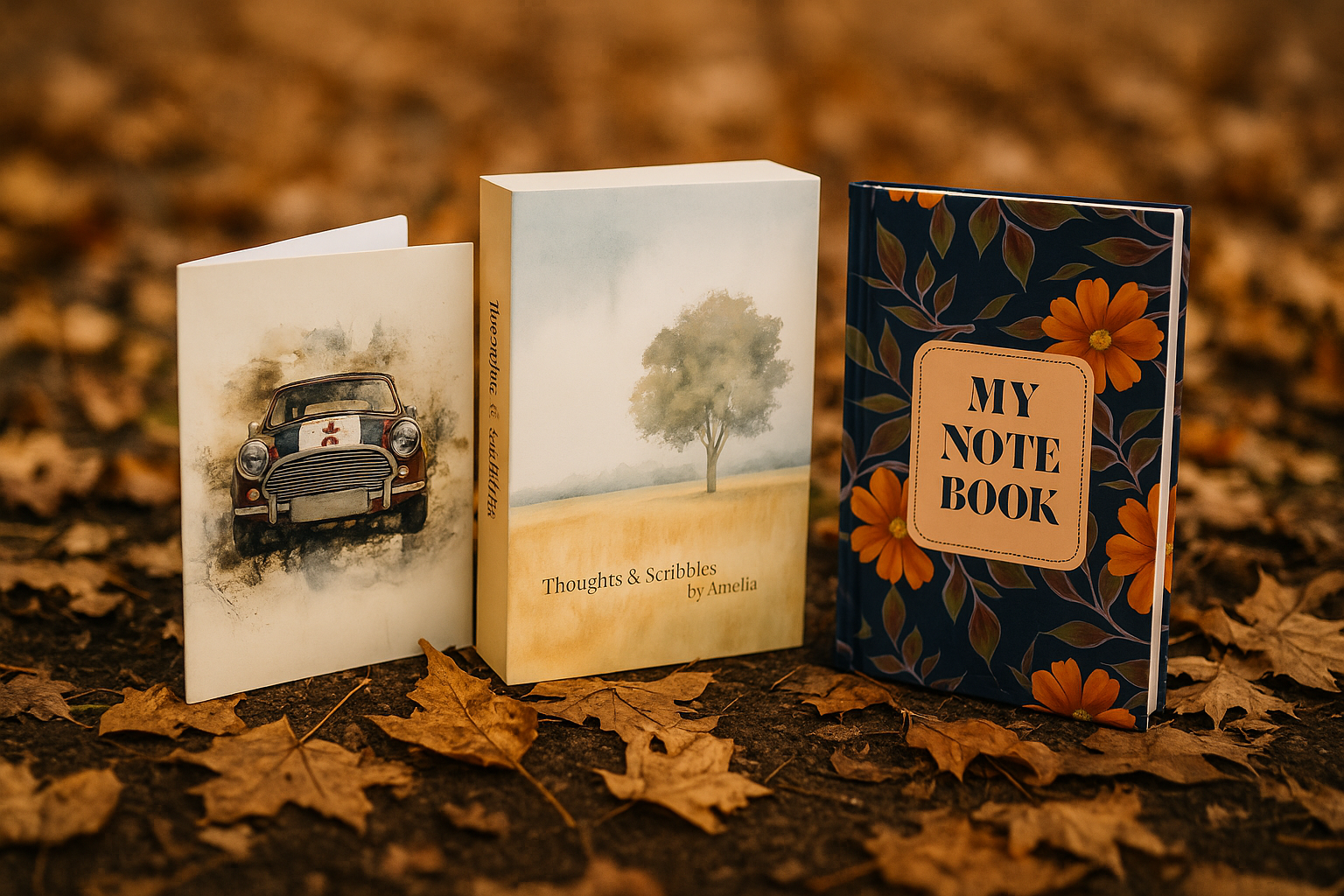 Three notebooks with different designs on a surface with autumn leaves