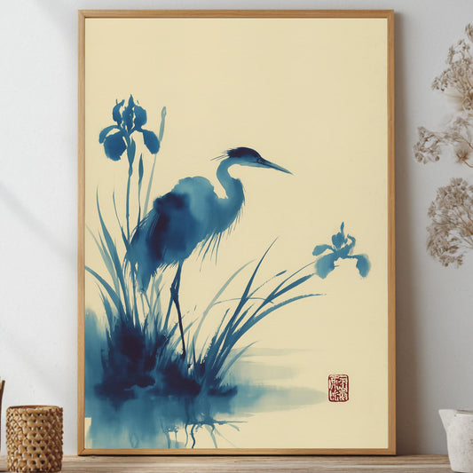 Heron Watercolour Print Blue Japanese Ink Art Poster | Crane Bird Wall Art | Iris Flower Nature Print