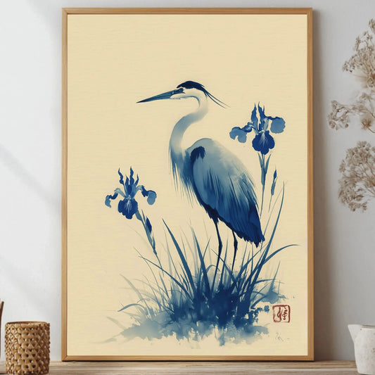 Framed artwork of a blue heron and iris flowers on a beige background - Blue heron and water iris sumi-e print in indigo and cream — Japanese watercolour wall art with cinnabar seal