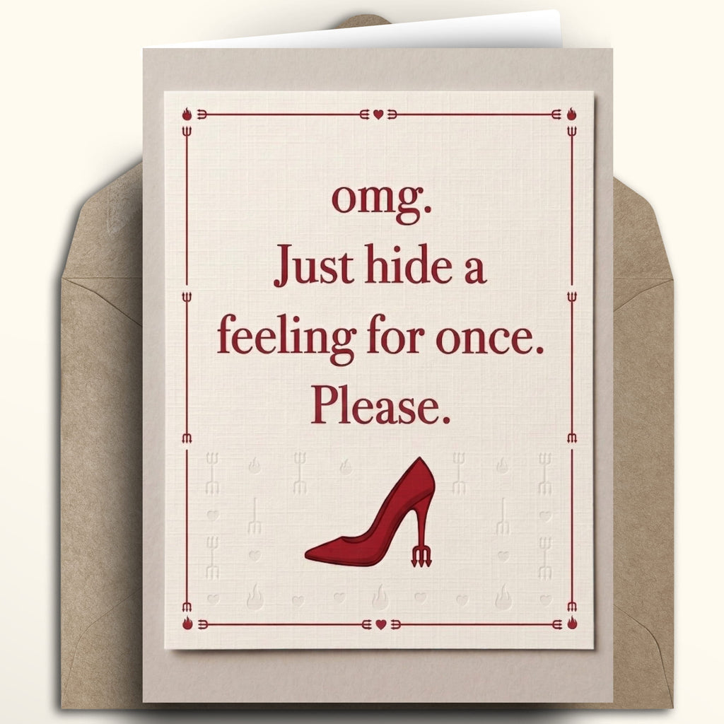 Devil Wears Prada 2 inspired  card featuring the famous phrase by Emily and a red high heel stiletto shoe with a pitchfork heel on a cream background with a red border.
