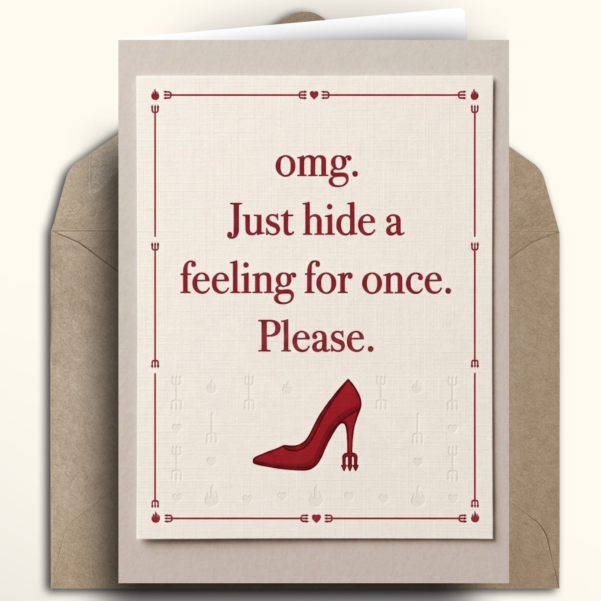 Devil Wears Prada 2 inspired  card featuring the famous phrase by Emily and a red high heel stiletto shoe with a pitchfork heel on a cream background with a red border.