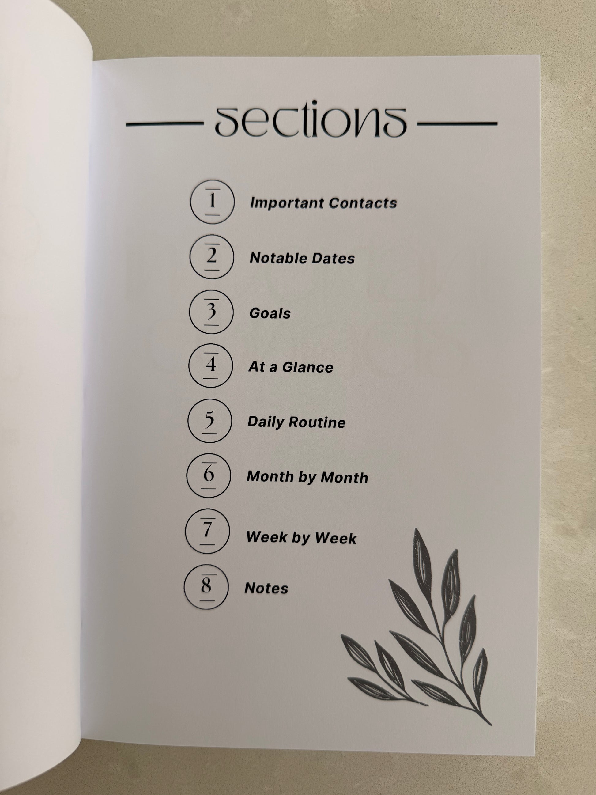 Page from a planner or journal showing section titles and a leaf illustration.