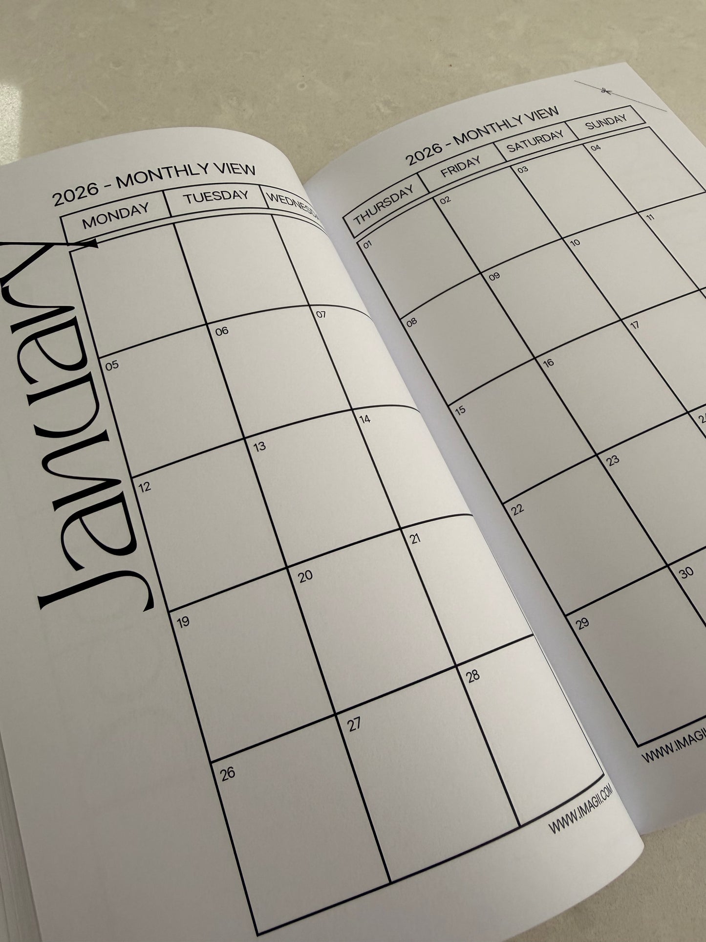 Open planner showing January pages with monthly view layout.