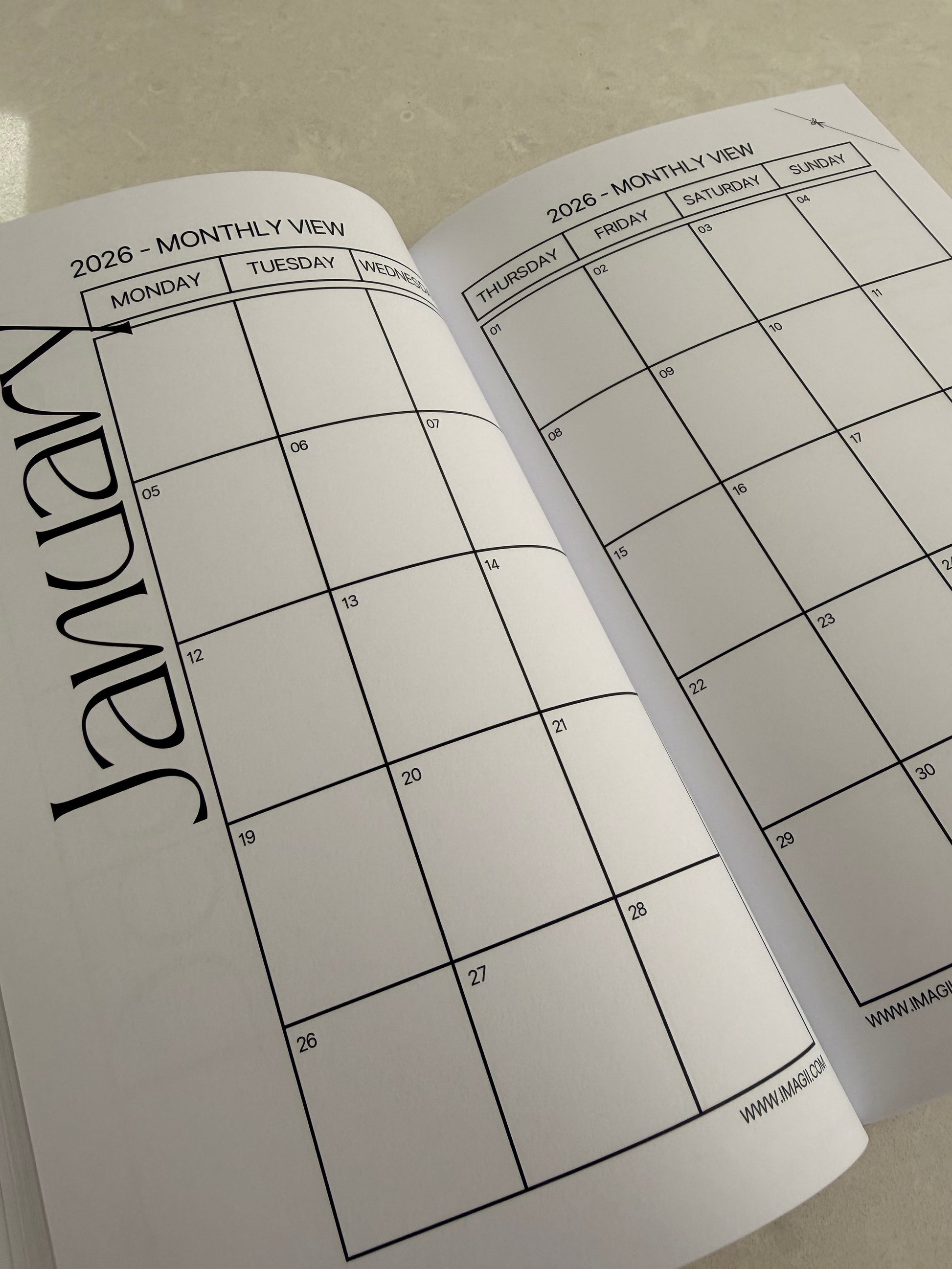 Open planner showing January pages with monthly view layout.