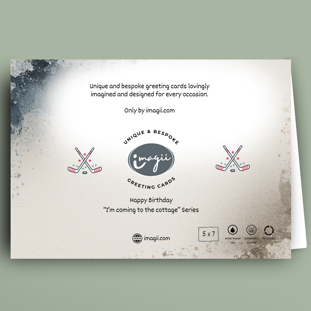 Greeting card with branding and product details on a light green background