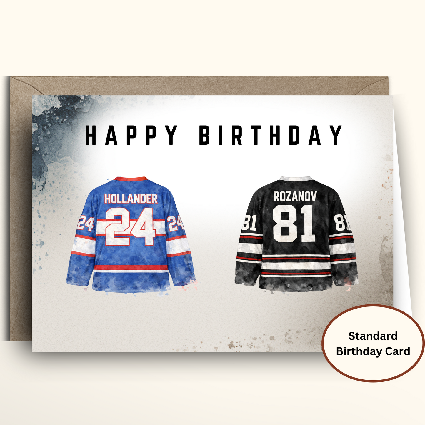 Two hockey jerseys with hollander and rozanov and 24 and 81 respectively on a card, 'I'm coming to the cottage' theme, with text 'Happy Birthday'
