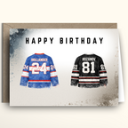 Two hockey jerseys with hollander and rozanov and 24 and 81 respectively on a card, 'I'm coming to the cottage' theme, with text 'Happy Birthday'
