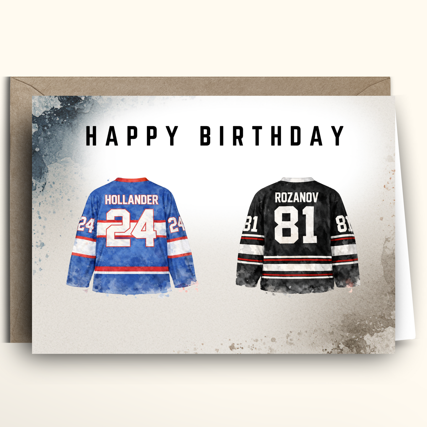 Two hockey jerseys with hollander and rozanov and 24 and 81 respectively on a card, 'I'm coming to the cottage' theme, with text 'Happy Birthday'