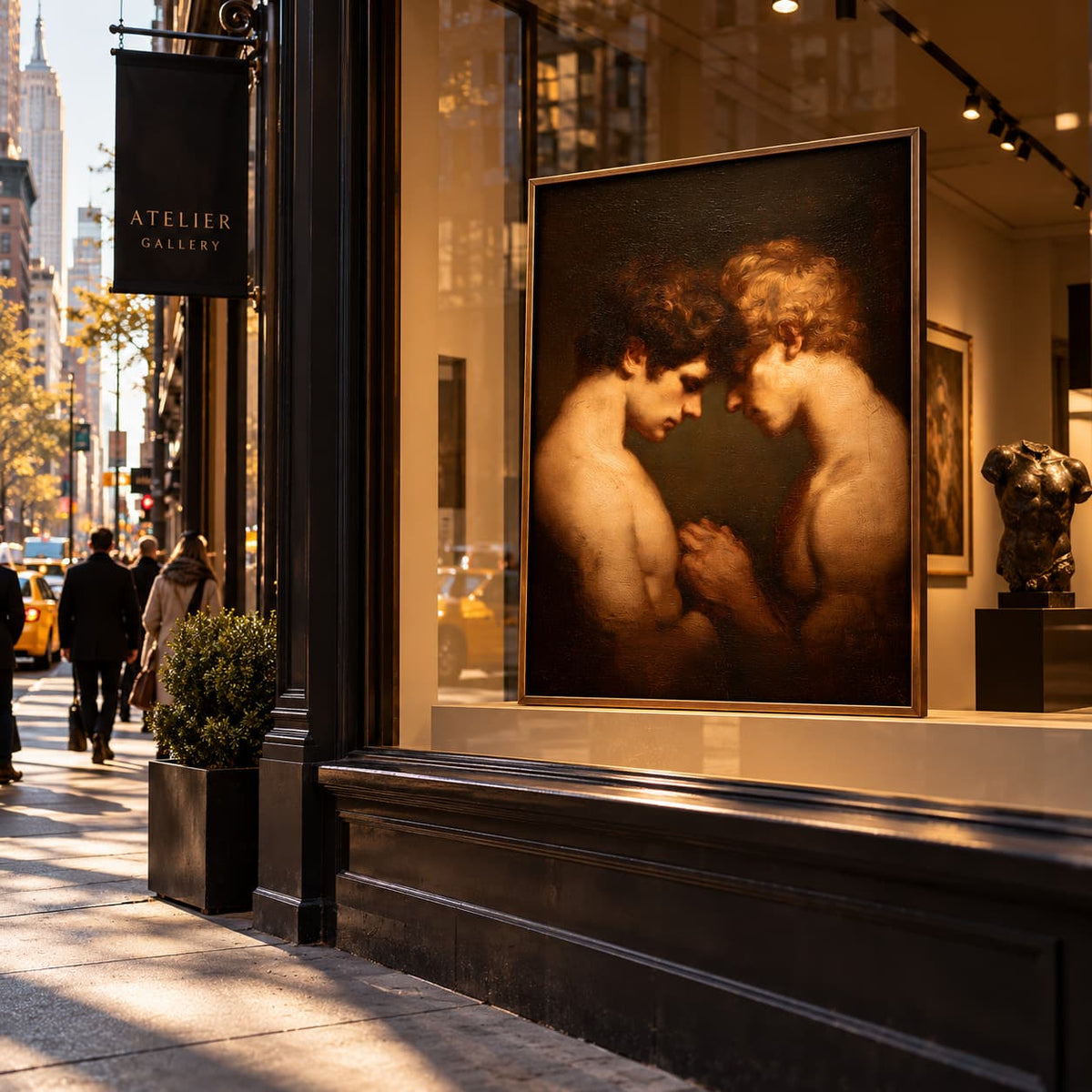 A large framed classical painting of two nude figures in warm sepia tones displayed in a gallery window on a city street, with pedestrians and the Atelier Gallery sign visible outside.