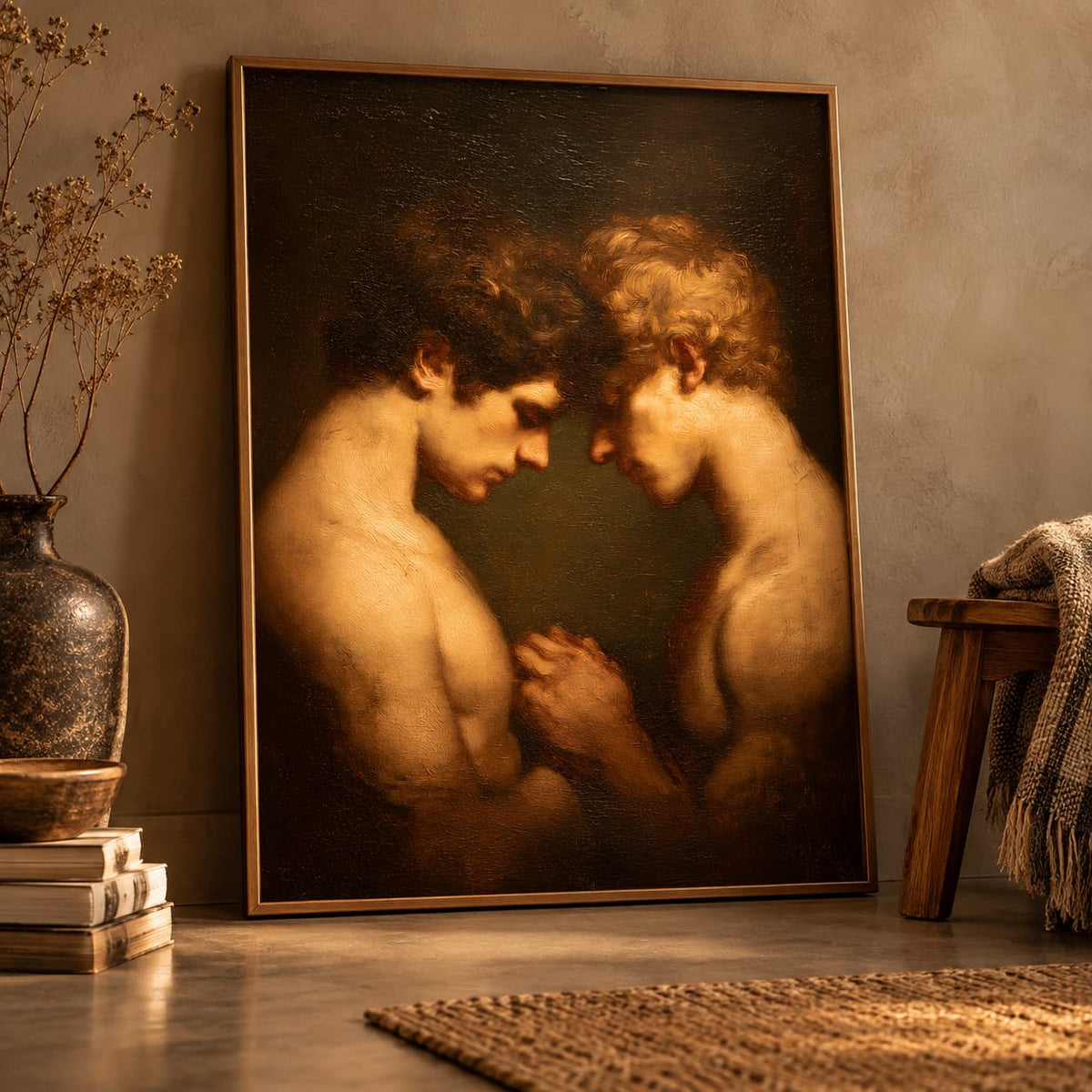 A framed classical-style painting leaning against a textured wall in a warm interior setting. The artwork depicts two nude male figures facing each other in a dark, moody composition.