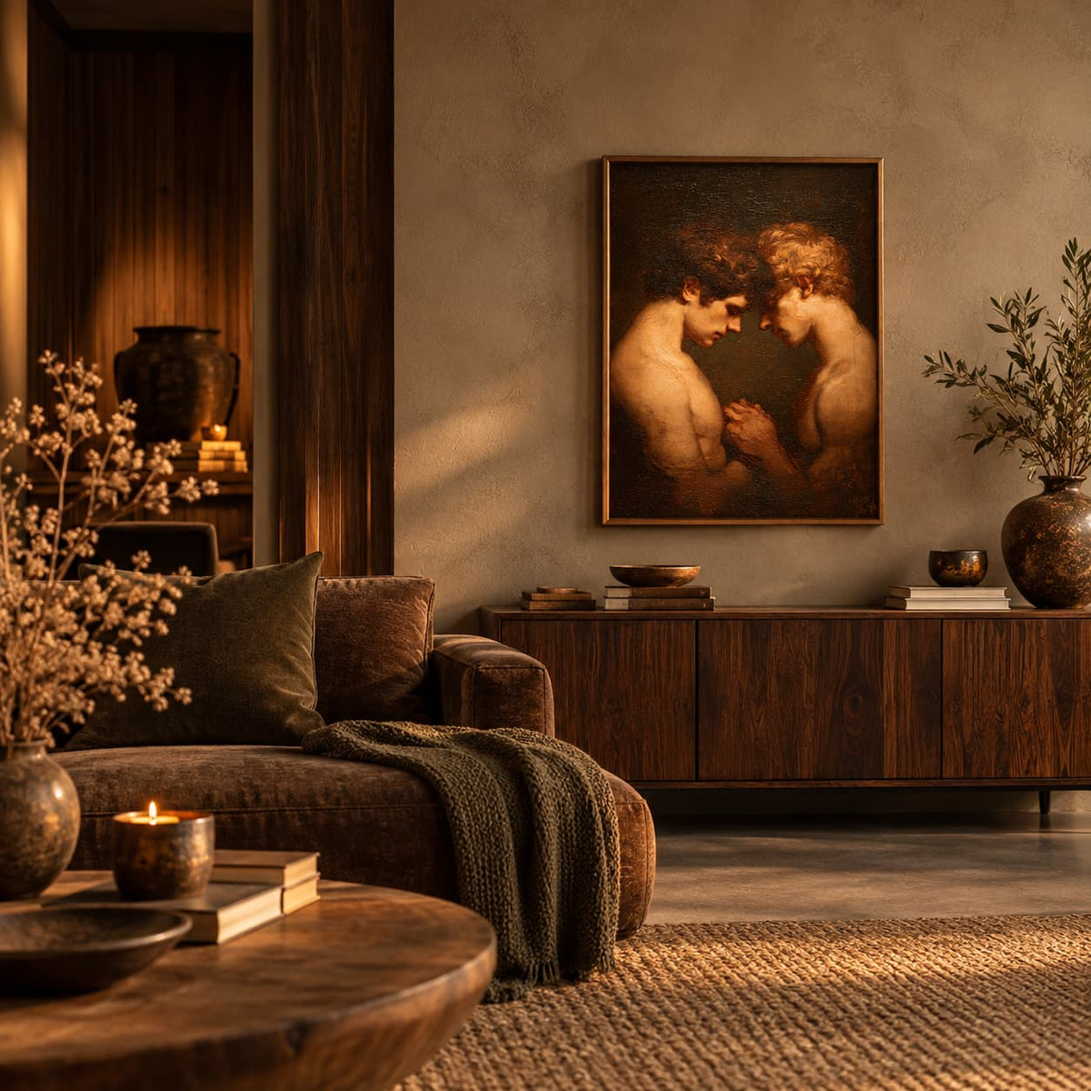 A framed classical painting of two nude figures hangs on a textured beige wall above a dark wood sideboard in a warm, rustic living room setting.