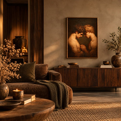 A framed classical painting of two nude figures hangs on a textured beige wall above a dark wood sideboard in a warm, rustic living room setting.