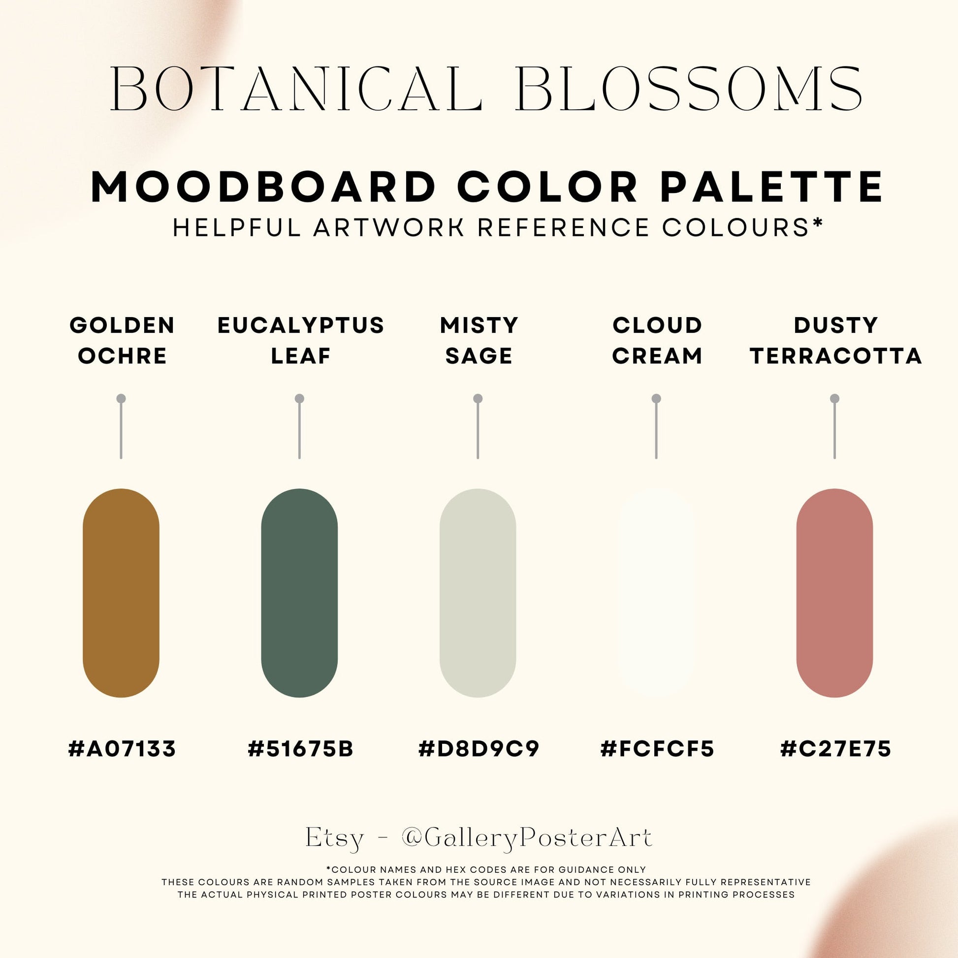 Moodboard color palette with five color swatches labeled 'Golden Ochre', 'Eucalyptus Leaf', 'Misty Sage', 'Cloud Cream', and 'Dusty Terracotta' on a white background.