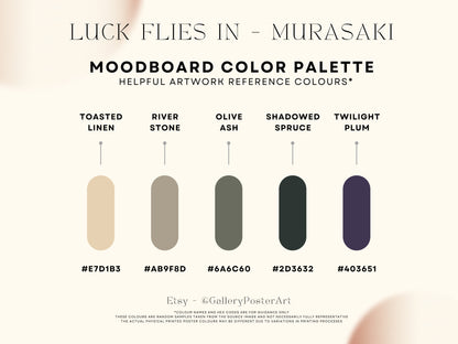 Moodboard color palette with five color swatches labeled 'Toasted Linen', 'River Stone', 'Olive Ash', 'Shadowed Spruce', and 'Twilight Plum' on a white background.
