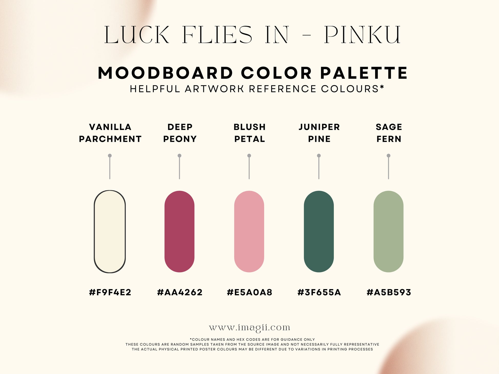 Moodboard color palette with five swatches labeled 'Vanilla Parchment', 'Deep Peony', 'Blush Petal', 'Juniper Pine', and 'Sage Fern' on a white background.
