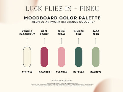 Moodboard color palette with five swatches labeled 'Vanilla Parchment', 'Deep Peony', 'Blush Petal', 'Juniper Pine', and 'Sage Fern' on a white background.