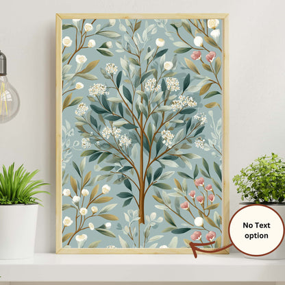 Framed botanical artwork on a shelf with plants and a light bulb.