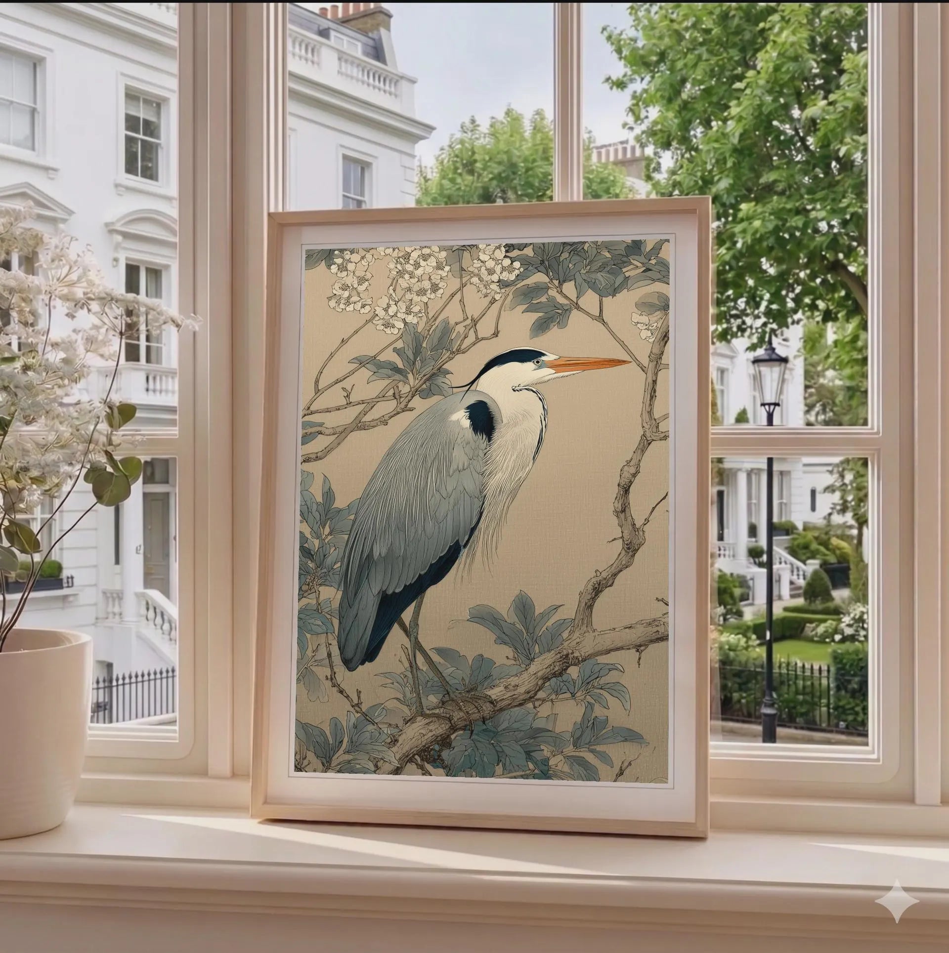 Framed artwork of a heron on a branch with flowers, displayed by a window.