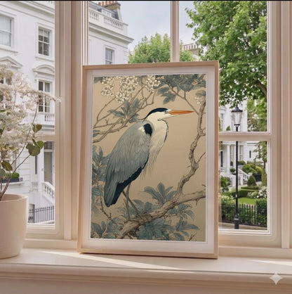 Framed artwork of a heron on a branch with flowers, displayed by a window.
