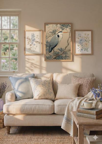 Living room with a beige sofa, decorative pillows, and framed artwork on the wall.