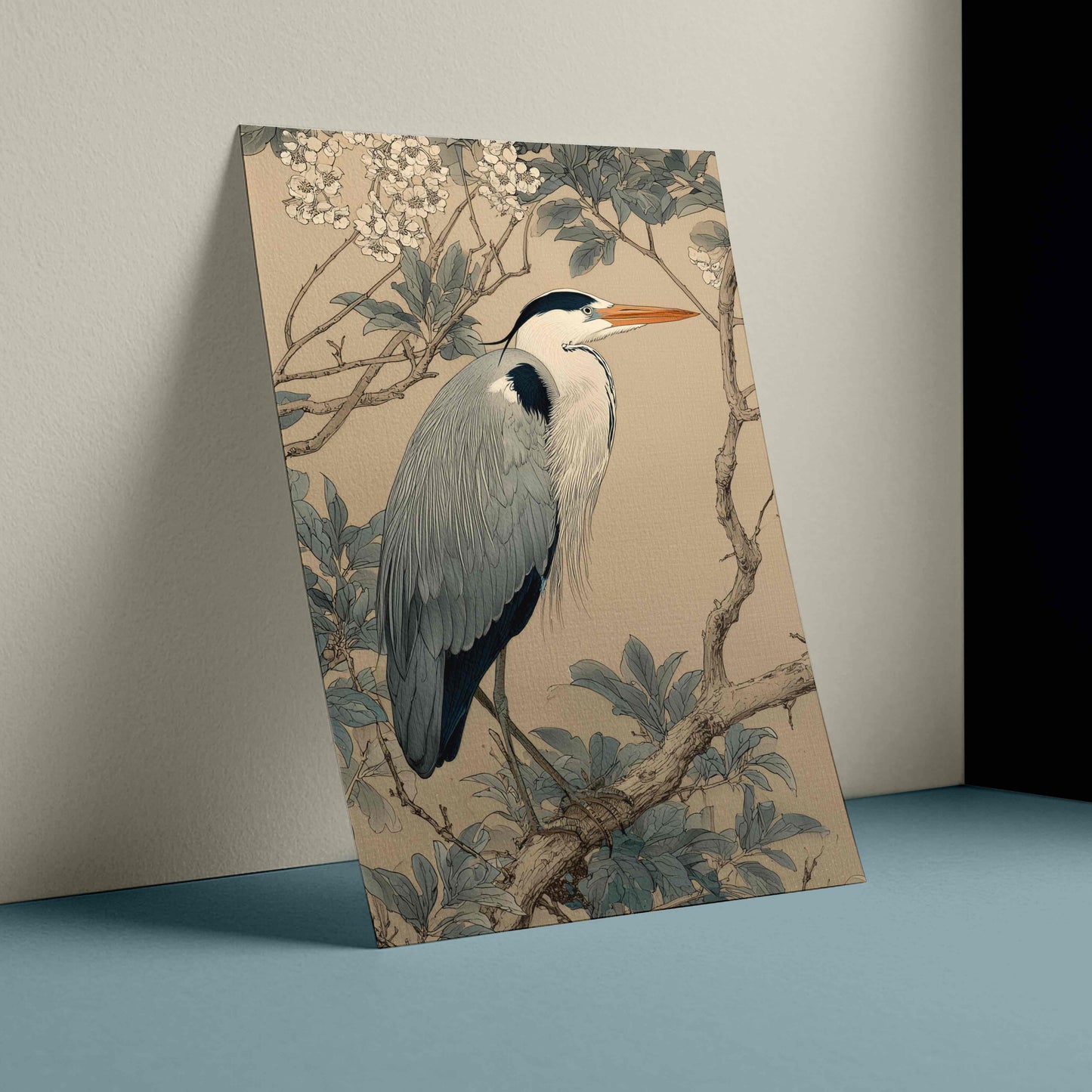 Decorative panel with a heron and floral design on a beige background