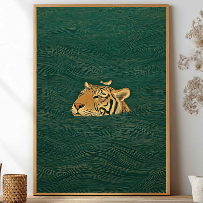 Framed Japanese artwork of a tiger's head on a green background, displayed on a wall with decorative items.