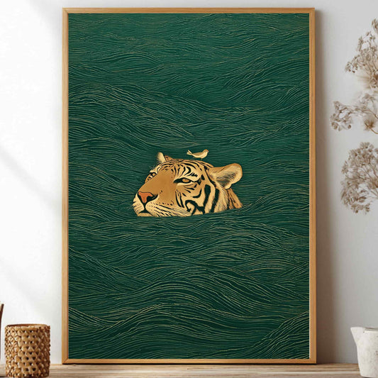 Framed Japanese artwork of a tiger's head on a green background, displayed on a wall with decorative items.