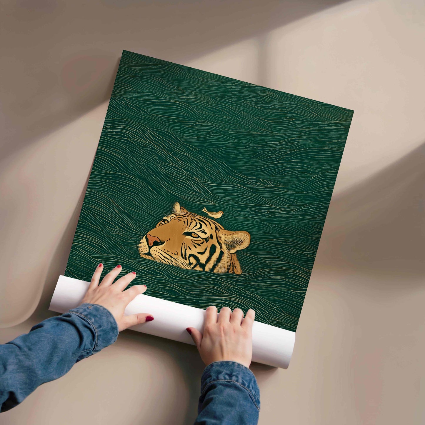 Japanese Swimming Tiger & Bird Art Poster