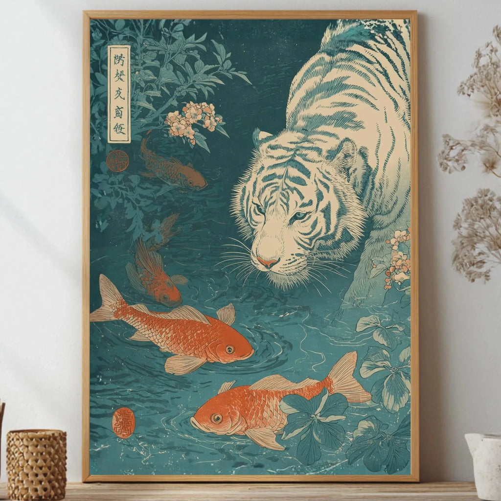 Framed artwork of a tiger and goldfish on a teal background, displayed on a wall with decorative items Japanese woodblock-style art print of a white tiger gazing into a teal koi pond, with three orange koi fish swimming in the foreground, cherry blossoms, lush foliage, and traditional Japanese calligraphy seals, in a deep teal and burnt-orange palette.