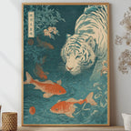 Framed artwork of a tiger and goldfish on a teal background, displayed on a wall with decorative items Japanese woodblock-style art print of a white tiger gazing into a teal koi pond, with three orange koi fish swimming in the foreground, cherry blossoms, lush foliage, and traditional Japanese calligraphy seals, in a deep teal and burnt-orange palette.