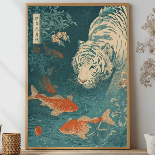 Framed artwork of a tiger and goldfish on a teal background, displayed on a wall with decorative items Japanese woodblock-style art print of a white tiger gazing into a teal koi pond, with three orange koi fish swimming in the foreground, cherry blossoms, lush foliage, and traditional Japanese calligraphy seals, in a deep teal and burnt-orange palette.
